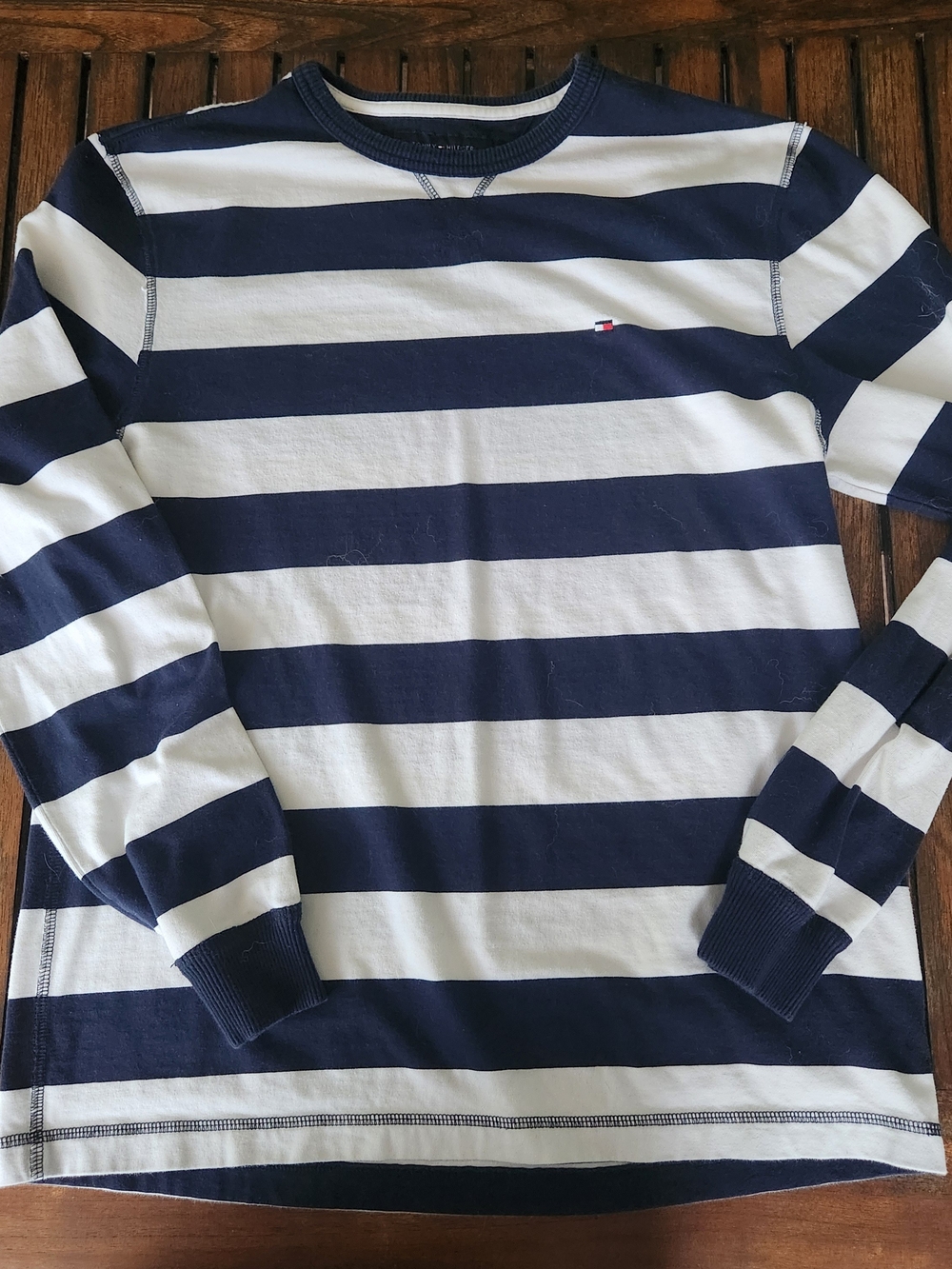 Tommy Hilfiger Size Medium Long Sleeve Navy Blue White Striped T-Shirt Flag